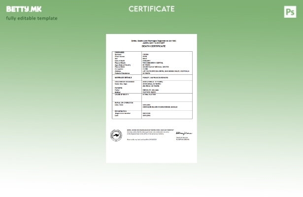 модерен стил Шаблон за уверение за смрт на територијата на Австралија Џервис Беј